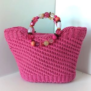 Pink straw/ wicker purse with beaded handles